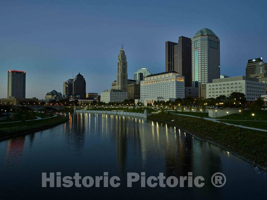 Photo - Dusk Shot of Columbus, Ohio, from a Point Along The Scioto River- Fine Art Photo Reporduction