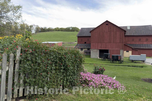Photo- Garden and barn at Yoder's Amish Home, an Authentic Amish Farm That Began Accepting Visitors in 1983 Near Walnut Creek in Central Ohio, Along The Amish Country Byway 3
