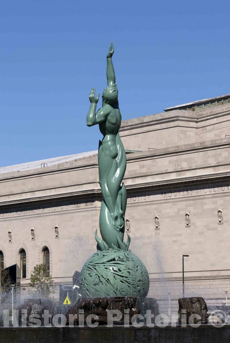 Photo- A Statue and Fountain in Downtown Cleveland, Ohio Called The Fountain of Eternal Life or Sometimes The War Memorial Fountain and Peace Arising from The Flames of War