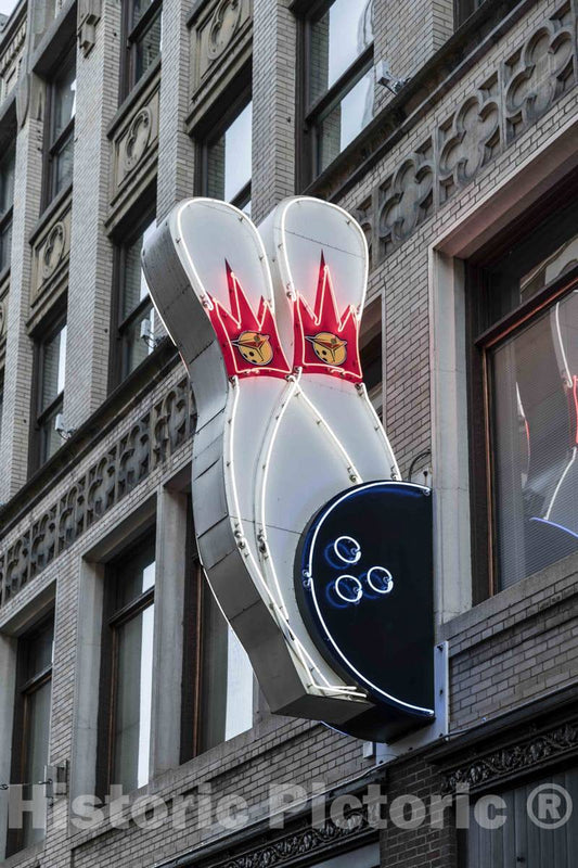 Photo - Neon Sign Promoting a Bowling Alley in Downtown Cleveland, Ohio- Fine Art Photo Reporduction