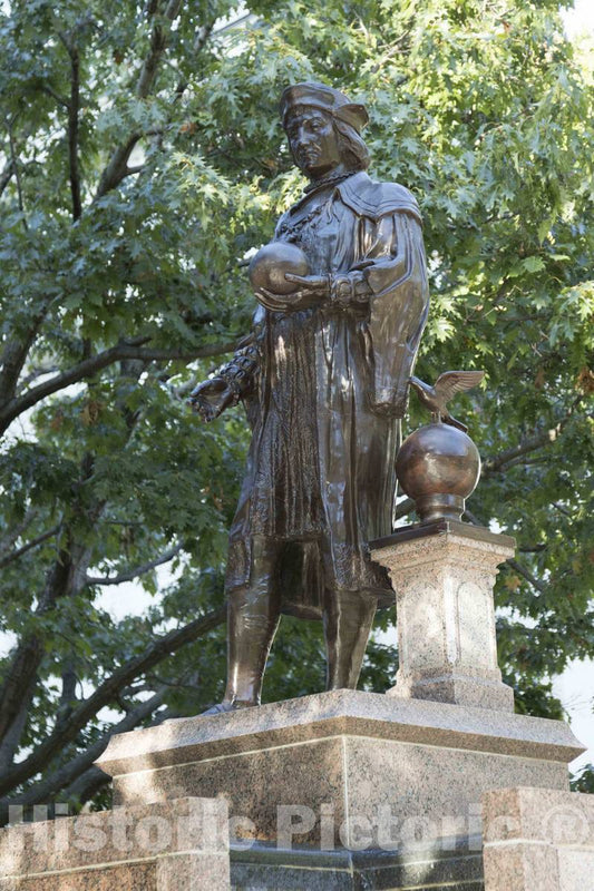 Photograph- Statue of Italian explorer Christopher Columbus, for whom the city is named, on the grounds of the Ohio Statehouse, the name for the state capitol used locally, in Columbus, Ohio