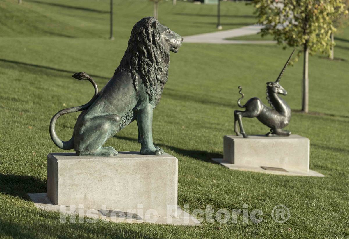 Photo - Lion and Unicorn Statues are Two of Many Animal Sculptures at Batelle Riverfront Park in Columbus, Ohio- Fine Art Photo Reporduction