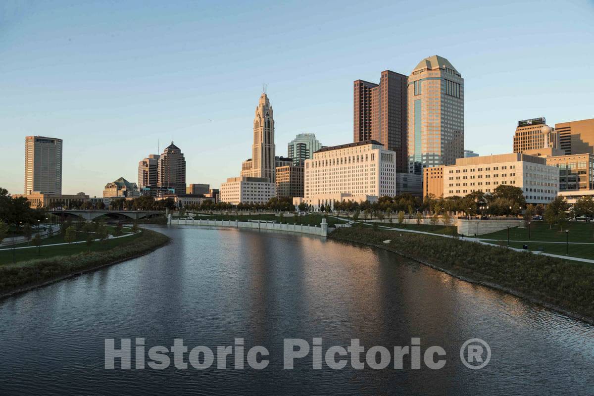 Photo - Skyline View of Downtown Columbus, Ohio, from a Point Along The Scioto River- Fine Art Photo Reporduction