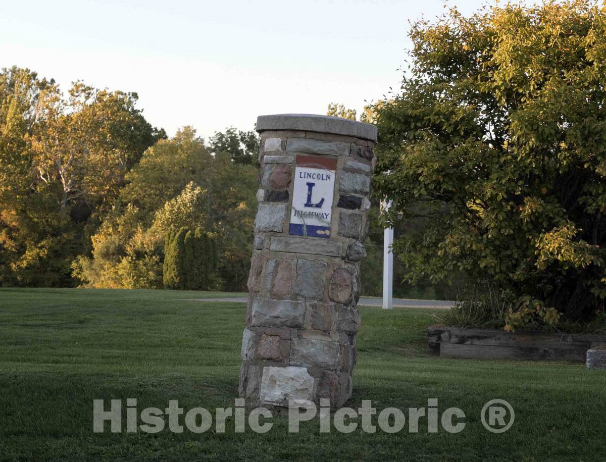 Photo - A Now (2016) cockeyed Stone Monument Honoring The Old Lincoln Highway That Passes Through Bucyrus, a Small City in Central Ohio- Fine Art Photo Reporduction
