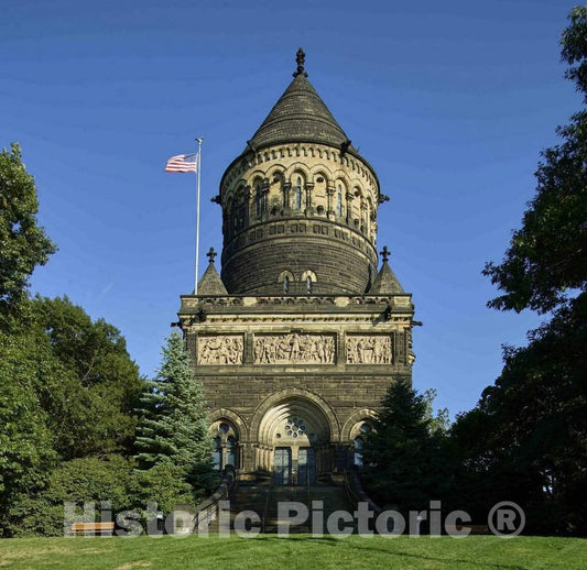 Photo- The James A. Garfield Memorial, built in memory of the 20th U.S. president, Ohioan James A. Garfield, who was assassinated in 1881, at Lake View Cemetery in Cleveland, Ohio