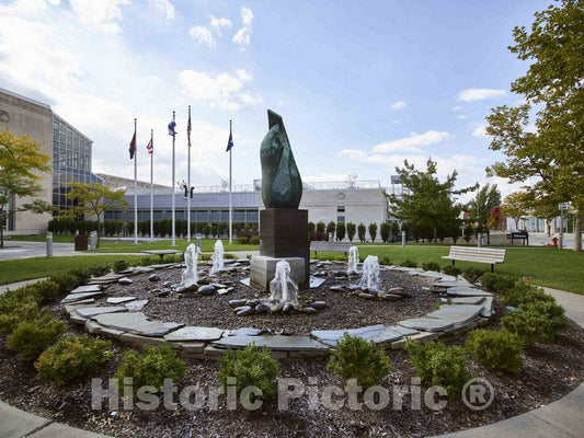 Photo- Sculpture and tiny fountains outside the Toledo-Lucas County Public Library in Toledo, Ohio, which has both a 1940 historic core and a 2001 modernist architectural addition