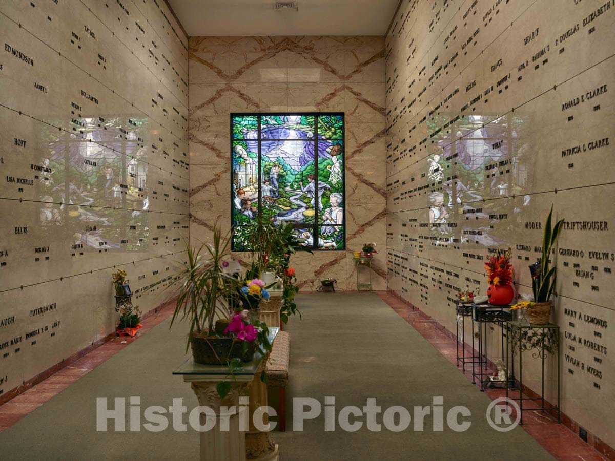 Photo- An alcove and stained-glass window inside the 1970 mausoleum at Woodland Cemetery and Arboretum, in Dayton, Ohio, one of the oldest"garden" cemeteries in the United States