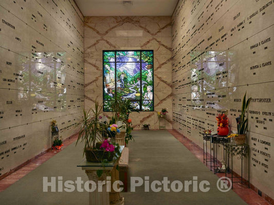 Photo- An alcove and stained-glass window inside the 1970 mausoleum at Woodland Cemetery and Arboretum, in Dayton, Ohio, one of the oldest"garden" cemeteries in the United States