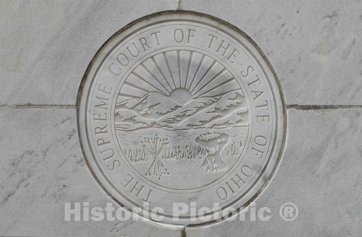 Photo - The Ohio State Seal, inscribed into The Thomas J. Moyer Ohio Judicial Center, Home of The Ohio Supreme Court in Columbus, Ohio, Designed by Architect Harry Hake