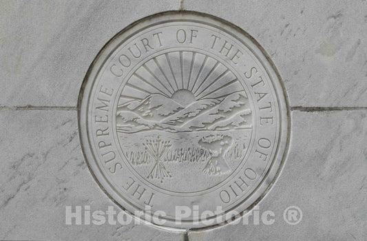 Photo - The Ohio State Seal, inscribed into The Thomas J. Moyer Ohio Judicial Center, Home of The Ohio Supreme Court in Columbus, Ohio, Designed by Architect Harry Hake