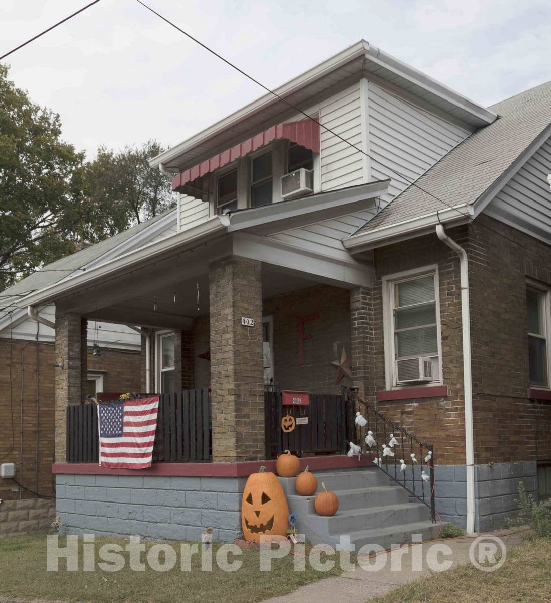 Photo - A Home Decorated with Scary Halloween Night in Mind in Old, Heavily Industrial Elmwood Place, a Close-in Suburb of Cincinnati, Ohio- Fine Art Photo Reporduction