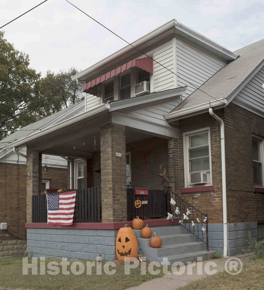 Photo - A Home Decorated with Scary Halloween Night in Mind in Old, Heavily Industrial Elmwood Place, a Close-in Suburb of Cincinnati, Ohio- Fine Art Photo Reporduction