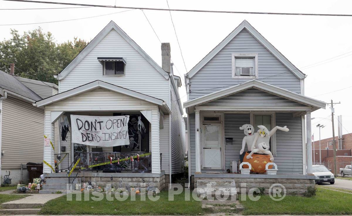 Photo - Neighboring homes decorated with scary Halloween night in mind in old, heavily industrial Elmwood Place, a close-in suburb of Cincinnati, Ohio- Fine Art Photo Reporduction