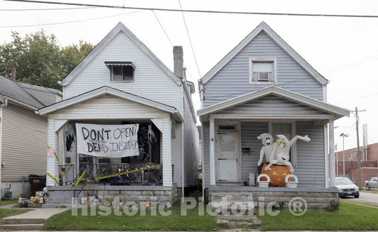 Photo - Neighboring homes decorated with scary Halloween night in mind in old, heavily industrial Elmwood Place, a close-in suburb of Cincinnati, Ohio- Fine Art Photo Reporduction
