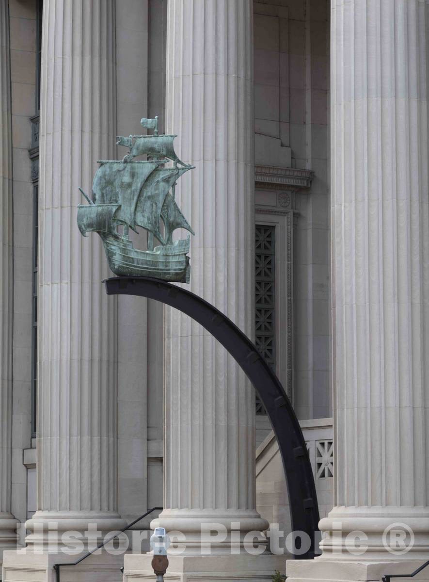 Photo- Sculpture on the headquarters building of the Columbus Life Insurance Building in Cincinnati, Ohio, of a sailing ship of the kind explorer Christopher Columbus once sailed