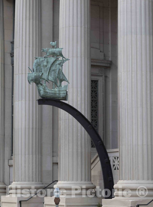 Photo- Sculpture on the headquarters building of the Columbus Life Insurance Building in Cincinnati, Ohio, of a sailing ship of the kind explorer Christopher Columbus once sailed