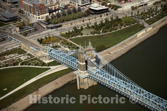Photo - Aerial View of Downtown Cincinnati, Ohio, Focusing on The 1867 John A. Roebling Suspension Bridge Over The Ohio River- Fine Art Photo Reporduction