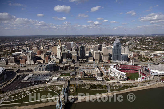 Photo- An aerial view of Cincinnati, Ohio, with a close look at the Great American Ballpark, home of major league baseball's Cincinnati Reds franchise 2 Fine Art Photo Reproduction