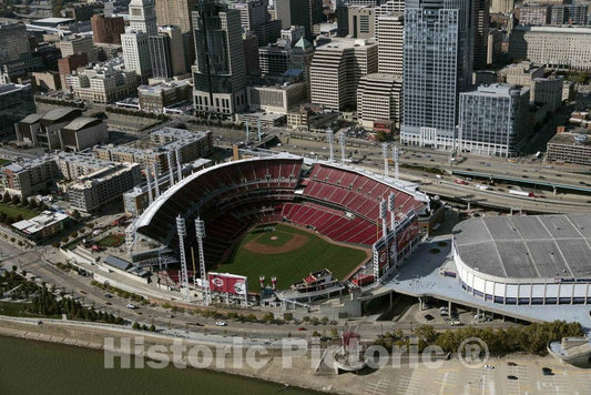 Photo- An aerial view of Cincinnati, Ohio, with a close look at the Great American Ballpark, home of major league baseball's Cincinnati Reds franchise 1 Fine Art Photo Reproduction