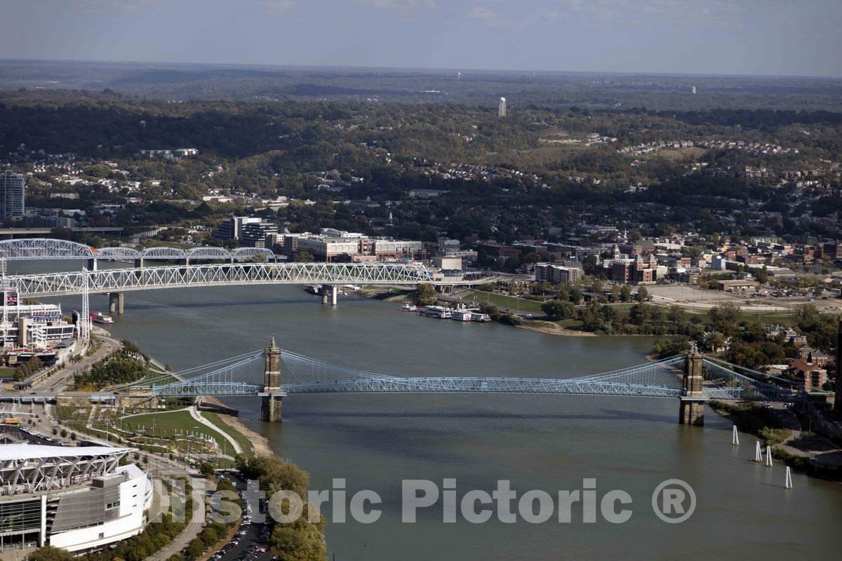 Photo- Aerial View of The Stretch of The Ohio River Between Downtown Cincinnati, Ohio (Left), its Northern Kentucky Suburbs and Some of The Many Bridges That Span The River