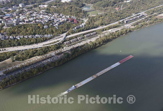 Photo - Aerial view of a tugboat pushing barges upstream on the Ohio River between Cincinnati, Ohio (to the left) and its northern Kentucky suburbs- Fine Art Photo Reporduction