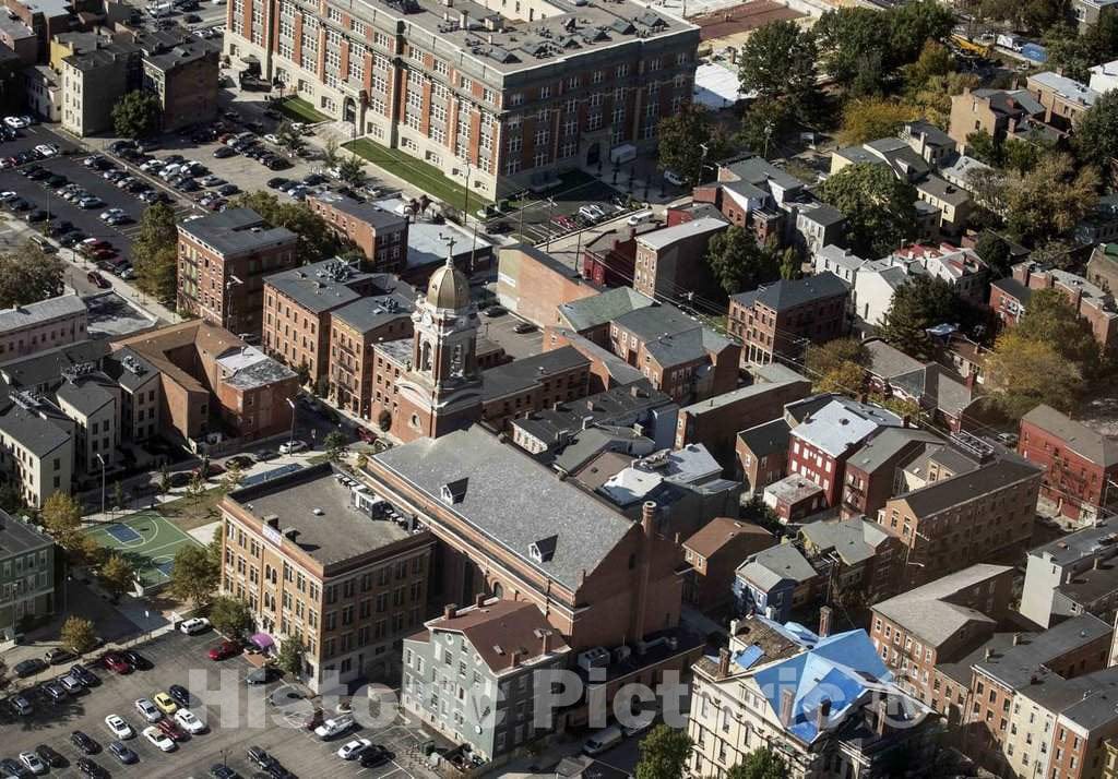 Photograph- Aerial view of Cincinnati, Ohio, with a focus on the tower of the Verdin Bell and Clock Museum, located in the former St. Paul's Church in the city's Over the Rhine neighborhood