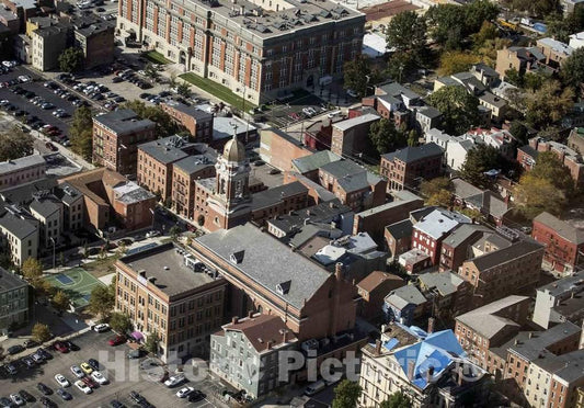 Photograph- Aerial view of Cincinnati, Ohio, with a focus on the tower of the Verdin Bell and Clock Museum, located in the former St. Paul's Church in the city's Over the Rhine neighborhood