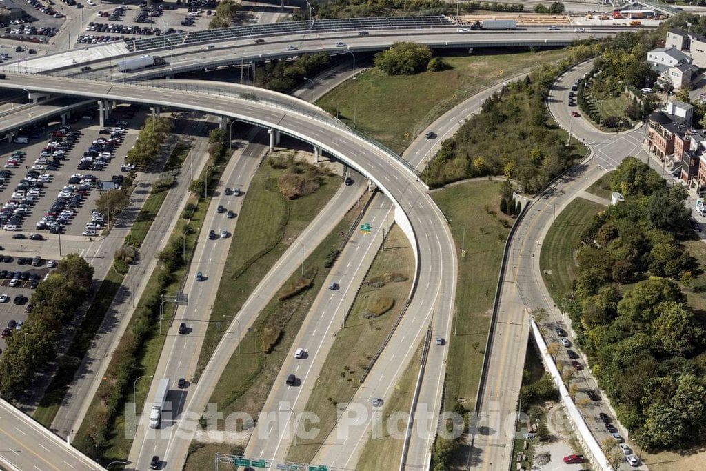 Photo - Aerial View of a Point on The Edge of Downtown Cincinnati, Ohio, Where a Number of Intestate Highway Lanes and on- ramps Meet- Fine Art Photo Reporduction