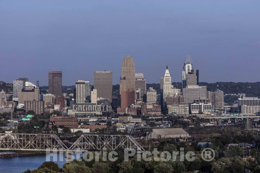 Photo- Dusk View of The Cincinnati, Ohio Skyline, Including a Look at The Giant, Illuminated Cincinnati Sign on The city's Convention Center, Duke Energy Center 2