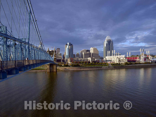 Photo- View of Cincinnati, Ohio, Across The 1867 John A. Roebling Suspension Bridge Over The Ohio River 1 Fine Art Photo Reproduction