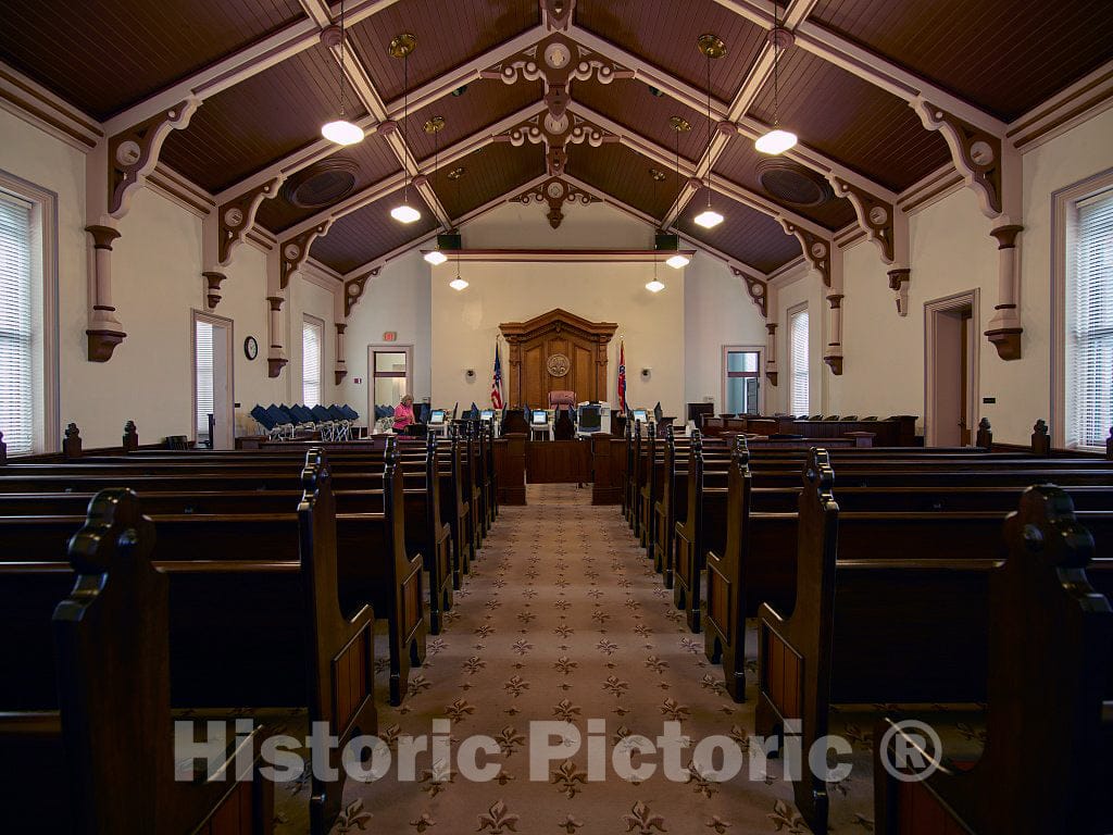 Photo - The courtroom, which at First Glance resembles a Church Sanctuary, at The 1875 Tate County Courthouse in Senatobia, Mississippi- Fine Art Photo Reporduction