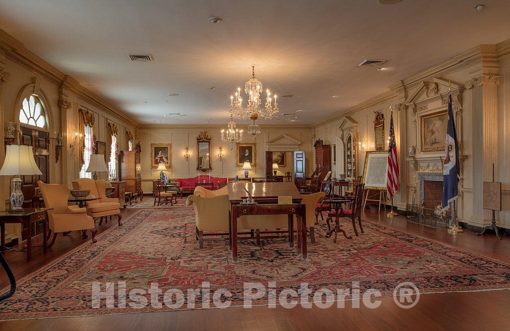 Photo- The John Quincy Adams State Drawing Room, one of the diplomatic reception rooms in the Harry S. Truman Federal Building which is the headquarters of the Department of State
