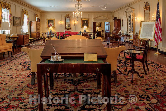 Photograph- Desk in the John Quincy Adams State Drawing Room, one of the diplomatic reception rooms in the Harry S. Truman Federal Building which is the headquarters of the Department of State