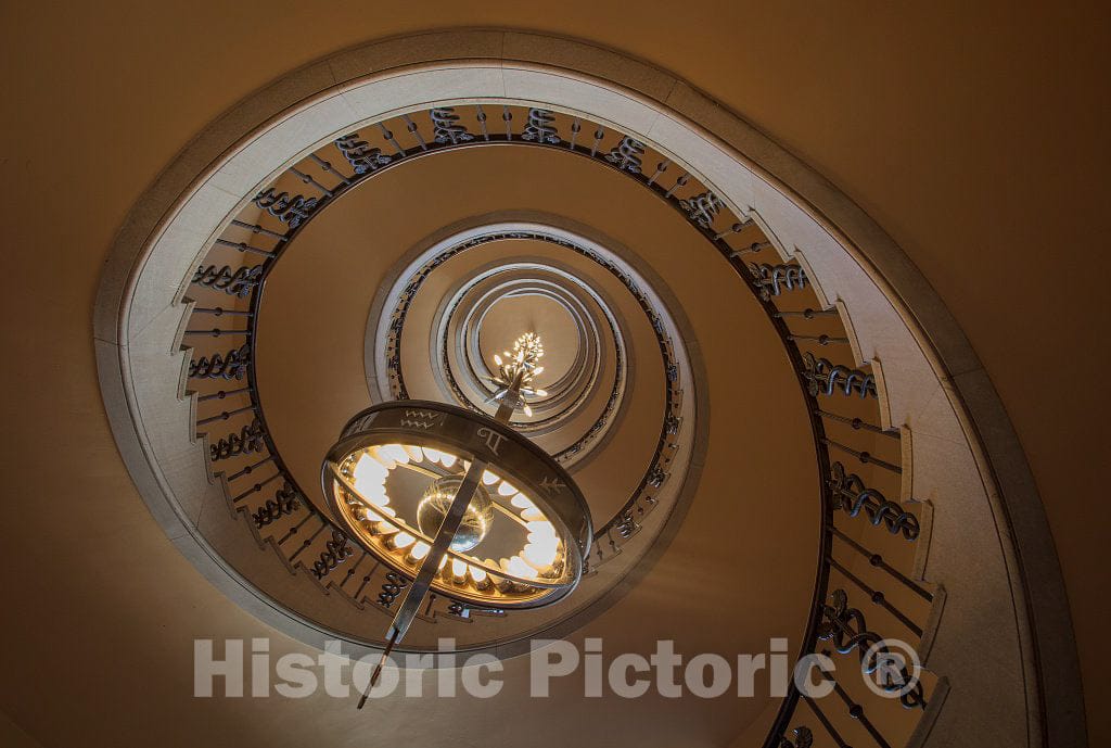 Photo - Spiral Staircase and Light Fixture at The William Jefferson Clinton Federal Building in The Federal Triangle in Washington, D.C- Fine Art Photo Reporduction