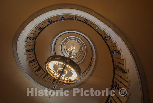 Photo - Spiral Staircase and Light Fixture at The William Jefferson Clinton Federal Building in The Federal Triangle in Washington, D.C- Fine Art Photo Reporduction