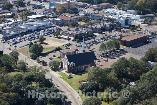 Photograph- Aerial view of Jackson, Mississippi, focusing on the nondenominational Fondren Church in the city's Fondren neighborhood, known as a destination for arts, entertainment, retail