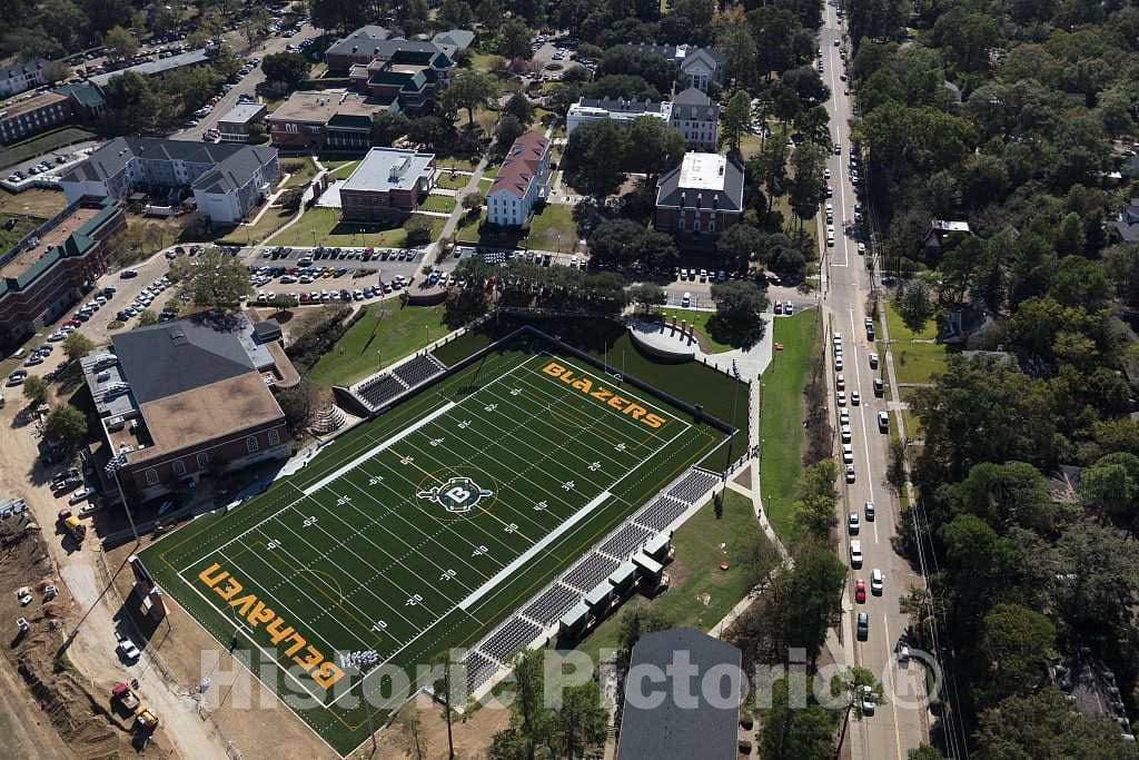 Photograph- Aerial view of Jackson, Mississippi, focusing on the Belhaven High School stadium in the city's Belhaven neighborhood which is the home field of the Belhaven Blazers football team