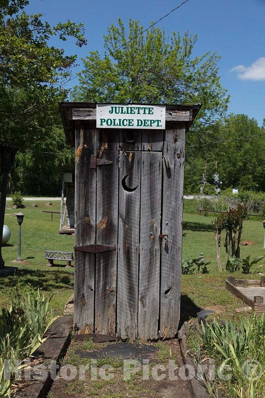 Photo - An old outhouse, facetiously relabeled as the town police headquarters, in Juliette, a small town in Monroe County, Georgia- Fine Art Photo Reporduction
