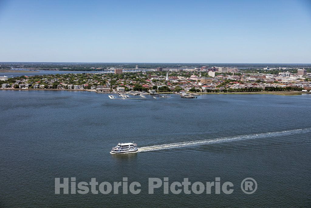 Photo - Aerial View of a Tourist Ferry Crossing Charleston Harbor in Charleston, South Carolina- Fine Art Photo Reporduction