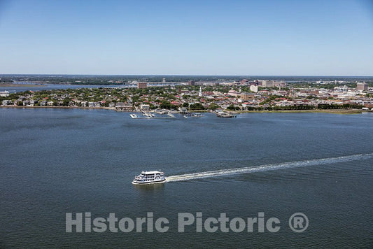 Photo - Aerial View of a Tourist Ferry Crossing Charleston Harbor in Charleston, South Carolina- Fine Art Photo Reporduction