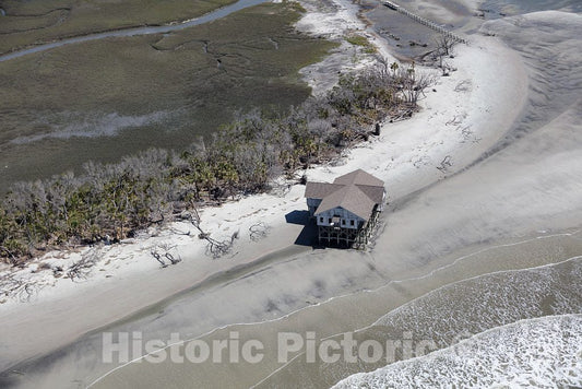 Photo - Aerial View of an Isolated Beach Home of Prichards Island in Beaufort County, South Carolina- Fine Art Photo Reporduction