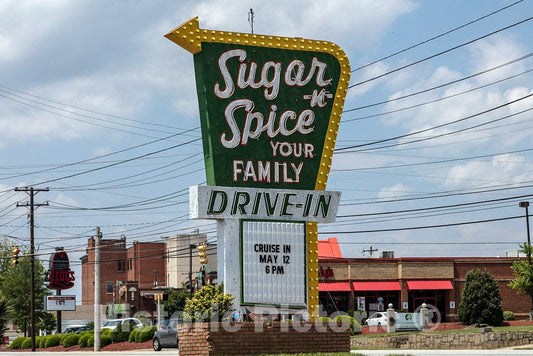 Photo- Sign for the Sugar 'n Spice Drive-In restaurant in Spartanburg, South Carolina, a city in the foothills of the Blue Ridge Mountains roughly midway between Atlanta, Georgia