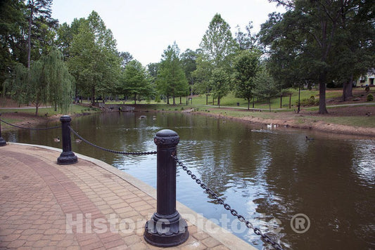 Photo- Pond beside the events center at Cleveland Park in Spartanburg, South Carolina, a city in the foothills of the Blue Ridge Mountains roughly midway between Atlanta, Georgia