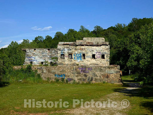 Photo - Grafitti-scrawled remnant of the 1830s-vintage Glendale Mill complex on Lawson's Fork Creek in Spartanburg, South Carolina- Fine Art Photo Reporduction