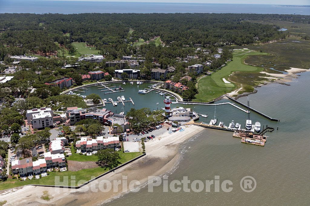 Photo- Aerial view of the marina and Harbour Town lighthouse in Hilton Head Island, South Carolina, much of which is private and gated 3 Fine Art Photo Reproduction