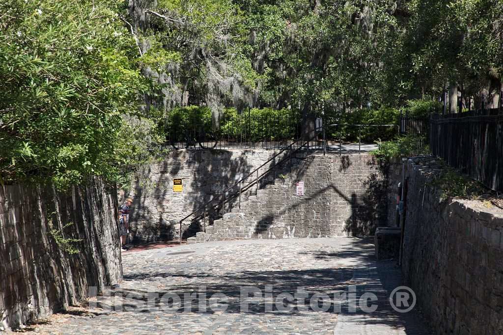 Photo- an Old, Stone Staircase Leading from The Cobblestone Street Along The Savannah Harbor up to Factors Row, a Procession of Cotton Warehouses and Offices of Factors