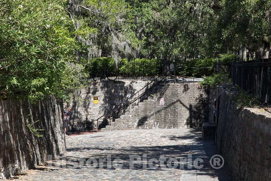 Photo- an Old, Stone Staircase Leading from The Cobblestone Street Along The Savannah Harbor up to Factors Row, a Procession of Cotton Warehouses and Offices of Factors