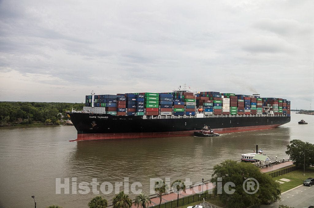 Photo - with a tugboat's Help, an exceptionally Heavy-Laden oceangoing Container Ship Plies The Busy Savannah River in Savannah, Georgia- Fine Art Photo Reporduction