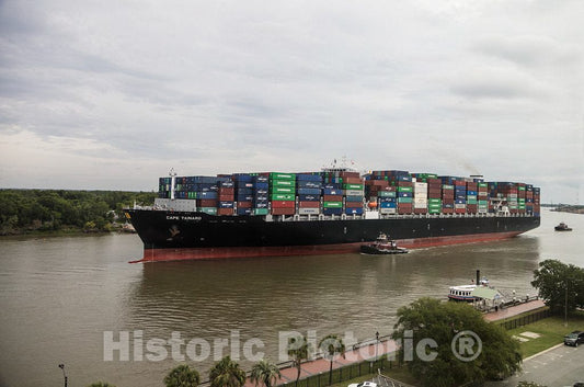 Photo - with a tugboat's Help, an exceptionally Heavy-Laden oceangoing Container Ship Plies The Busy Savannah River in Savannah, Georgia- Fine Art Photo Reporduction
