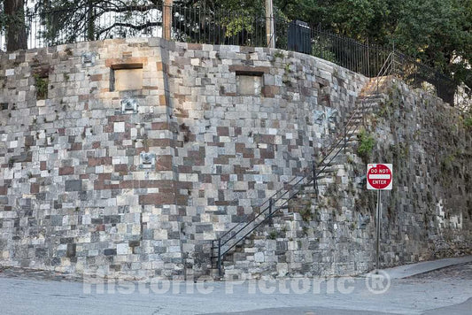 Photo- Old stone steps leading up to Factors' Row, an assemblage of old cotton warehouse and brokers' (factors') offices, along the Savannah River waterfront in Savannah, Georgia